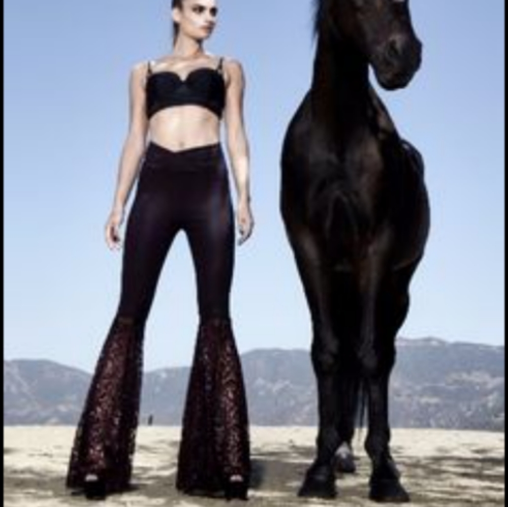 Minxx Black High Waisted Lace Bell-bottom Pants